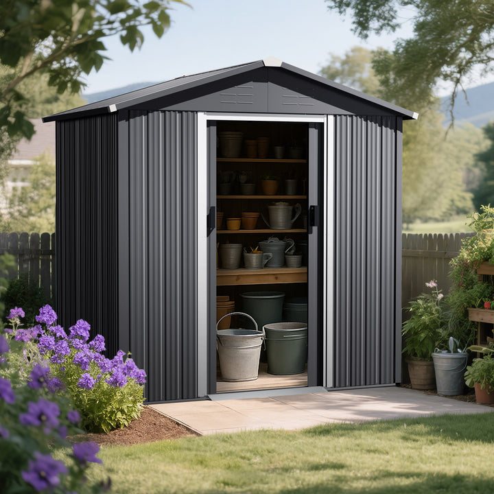 6 x 4 FT Garden Shed Storage Tool Shed with Sliding Doors, Black