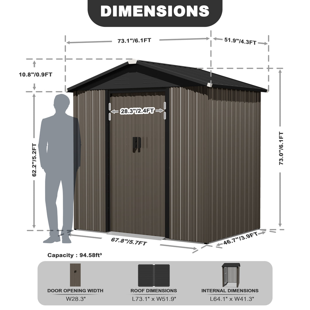 6 x 4 FT Garden Shed Storage Tool Shed with Sliding Doors, Black and Brown