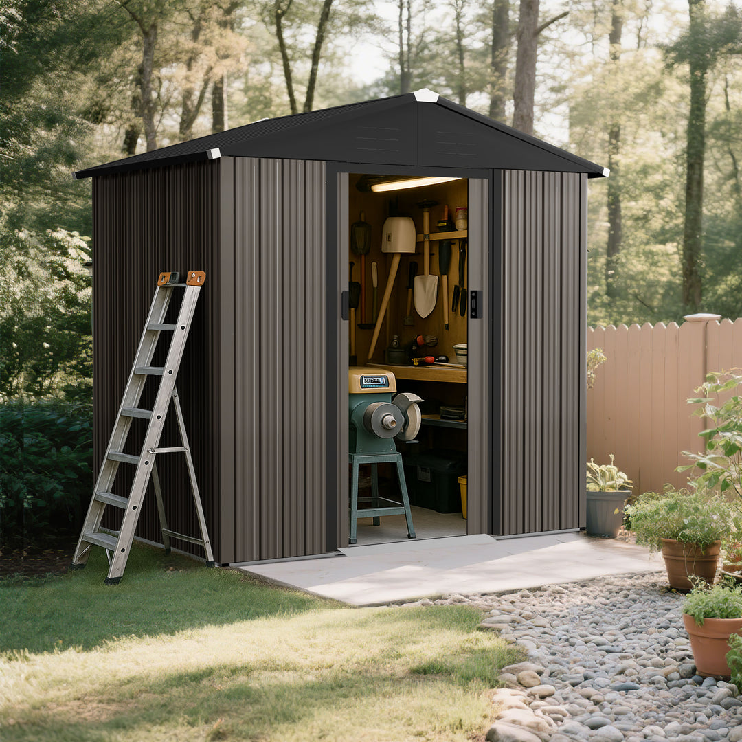 6 x 4 FT Garden Shed Storage Tool Shed with Sliding Doors, Black and Brown