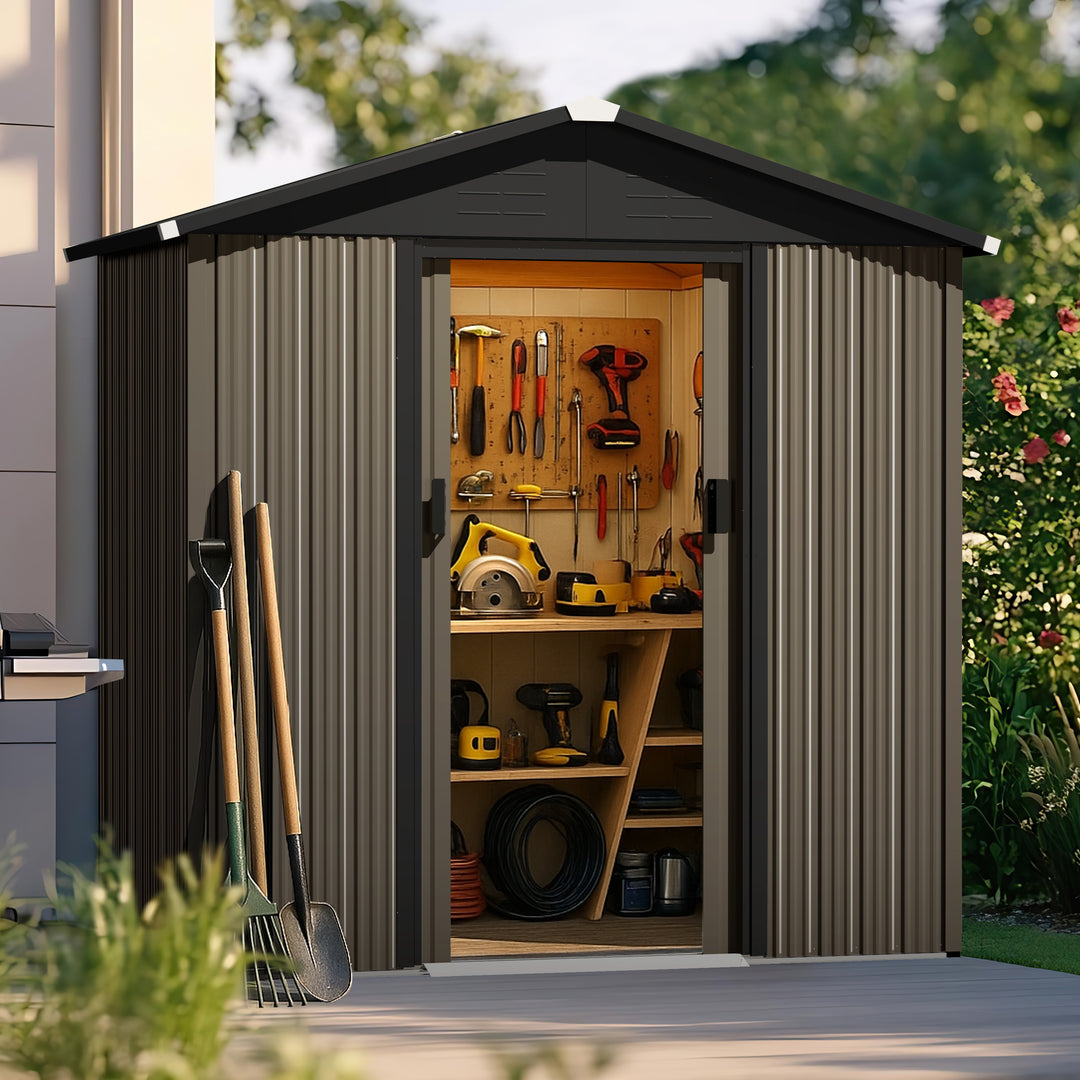 6 x 4 FT Garden Shed Storage Tool Shed with Sliding Doors, Black and Brown