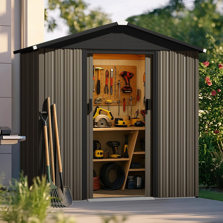 6 x 4 FT Garden Shed Storage Tool Shed with Sliding Doors, Black and Brown