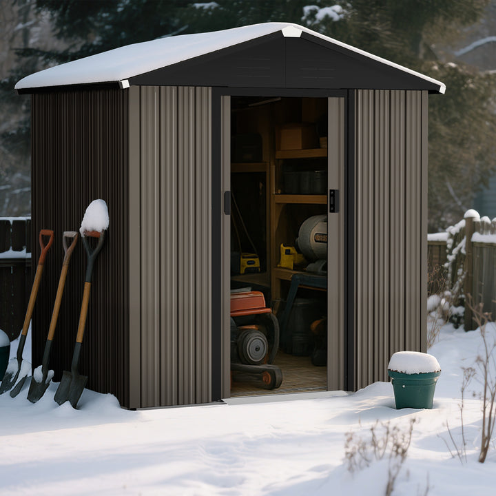 6 x 4 FT Garden Shed Storage Tool Shed with Sliding Doors, Black and Brown