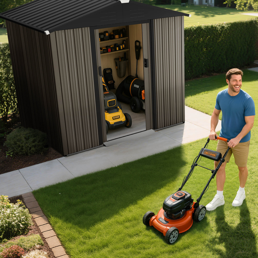 6 x 4 FT Garden Shed Storage Tool Shed with Sliding Doors, Black and Brown