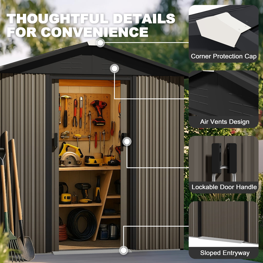 6 x 4 FT Garden Shed Storage Tool Shed with Sliding Doors, Black and Brown