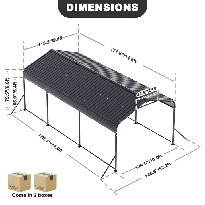 Steel Carport 15 x 10 FT with Reinforced Frame, Windproof Ground Anchors