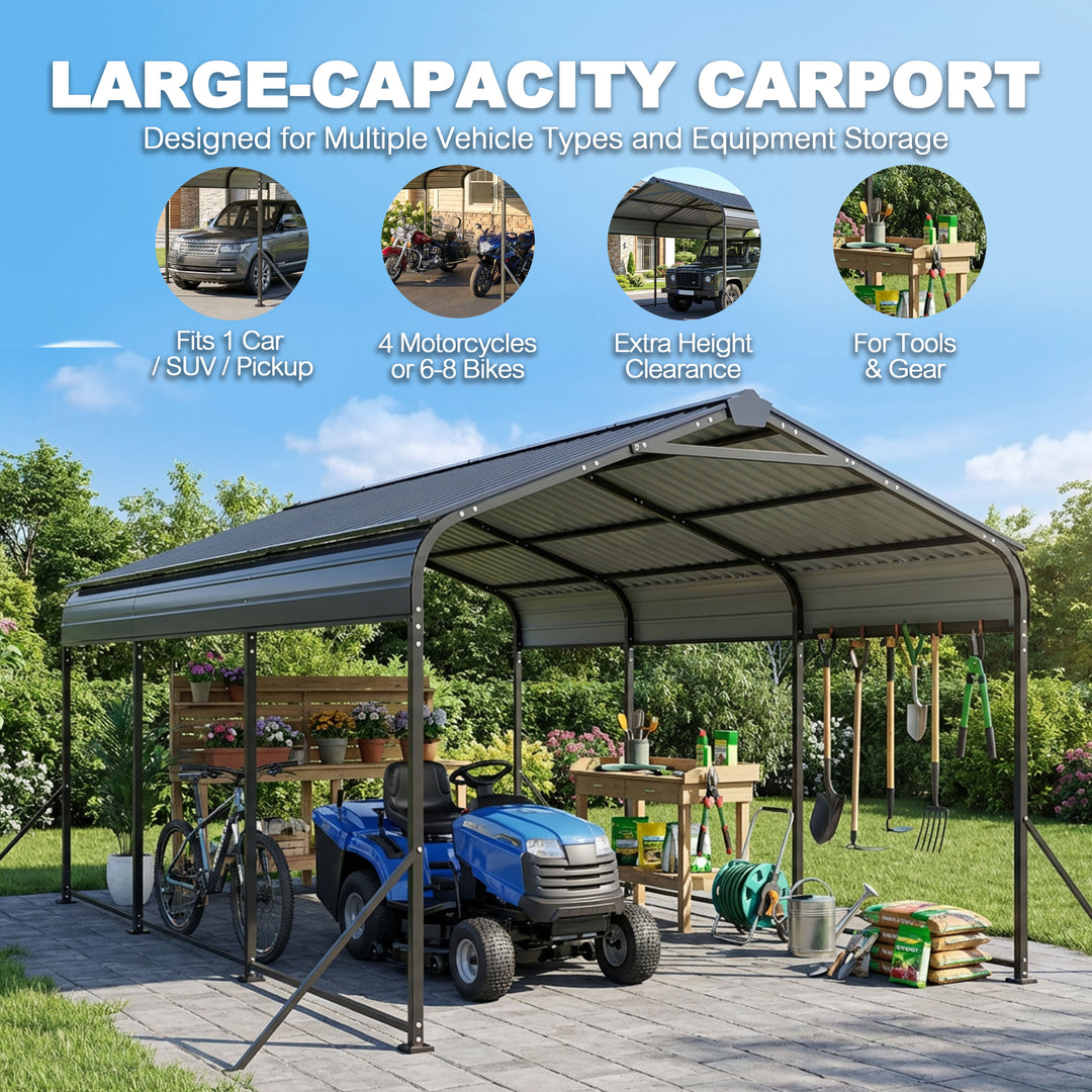 Steel Carport 15 x 10 FT with Reinforced Frame, Windproof Ground Anchors