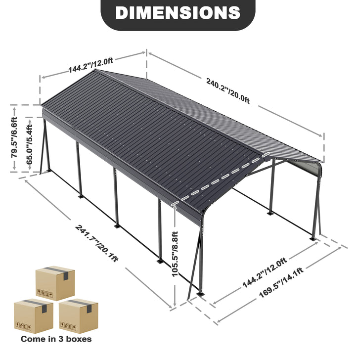 Steel Carport 20 x 12 FT with Reinforced Frame, Windproof Ground Anchors