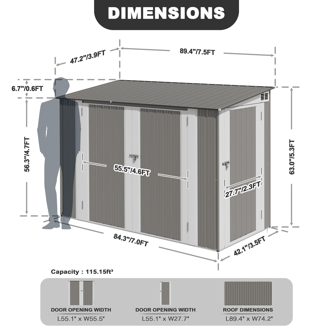 7 x 3.5 FT Galvanized Metal Outdoor Storage Shed with Air Vents