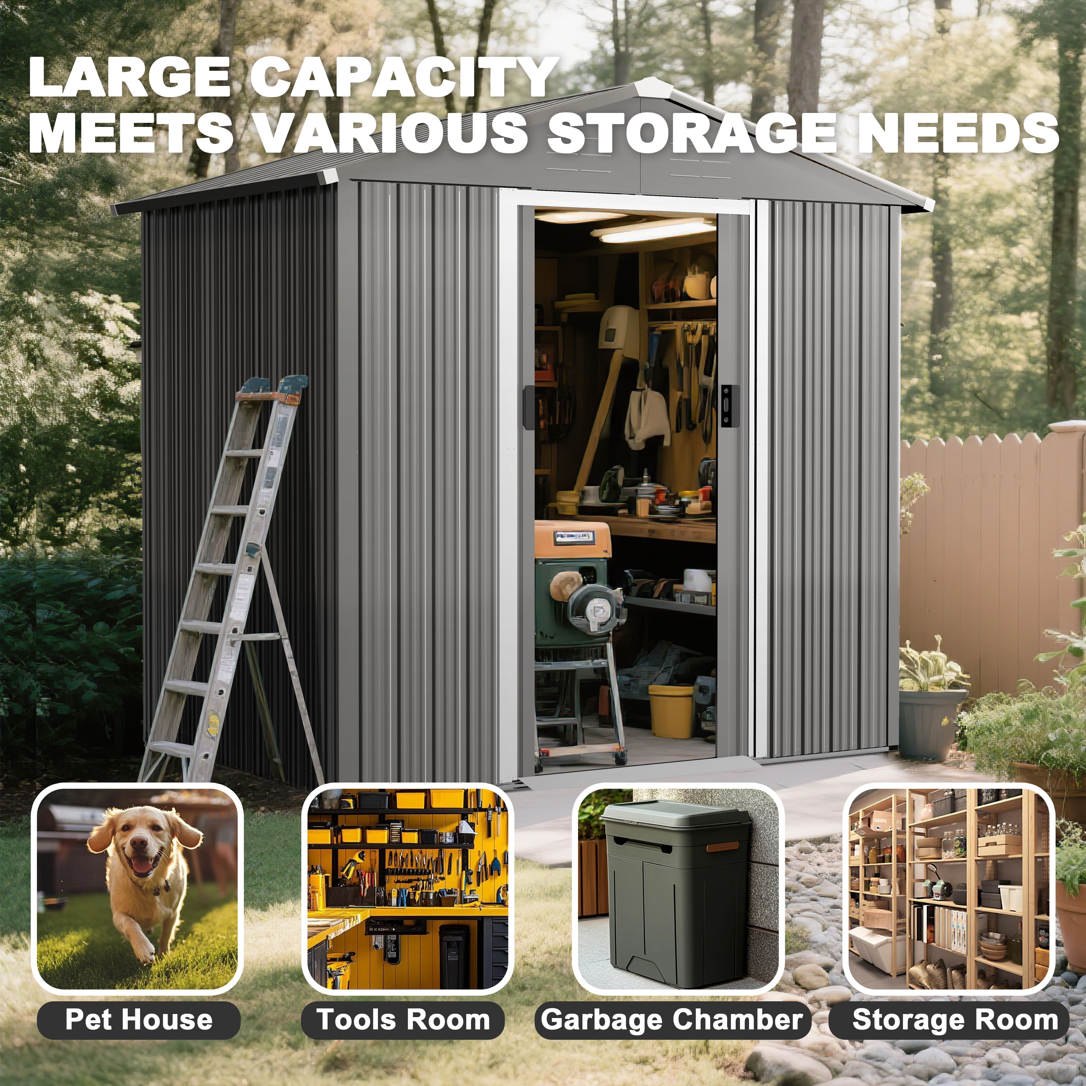 6 x 4 FT Garden Shed Storage Tool Shed with Sliding Doors, Gray