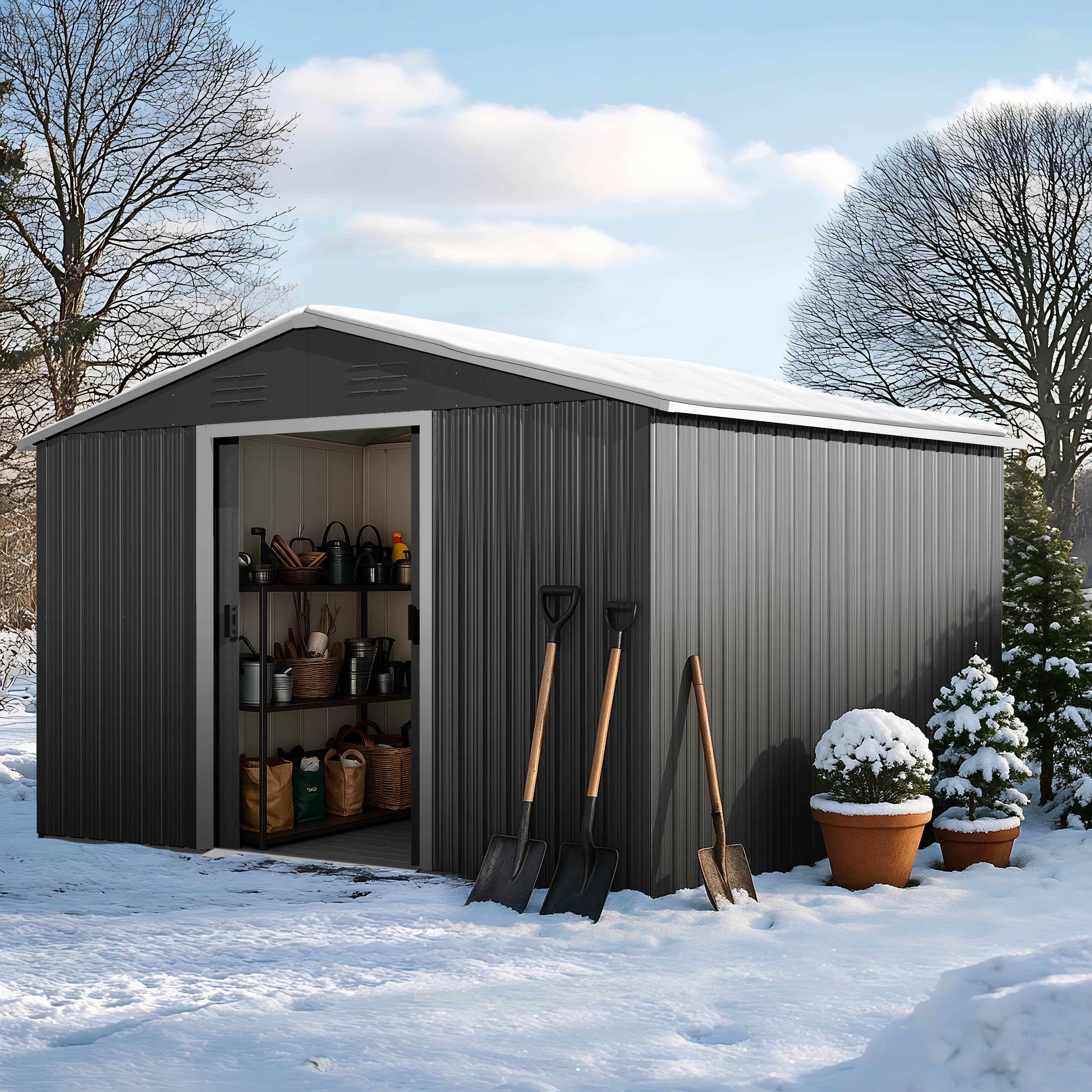 8 x 10 FT Garden Shed Storage Tool Shed with Sliding Doors, Dark
