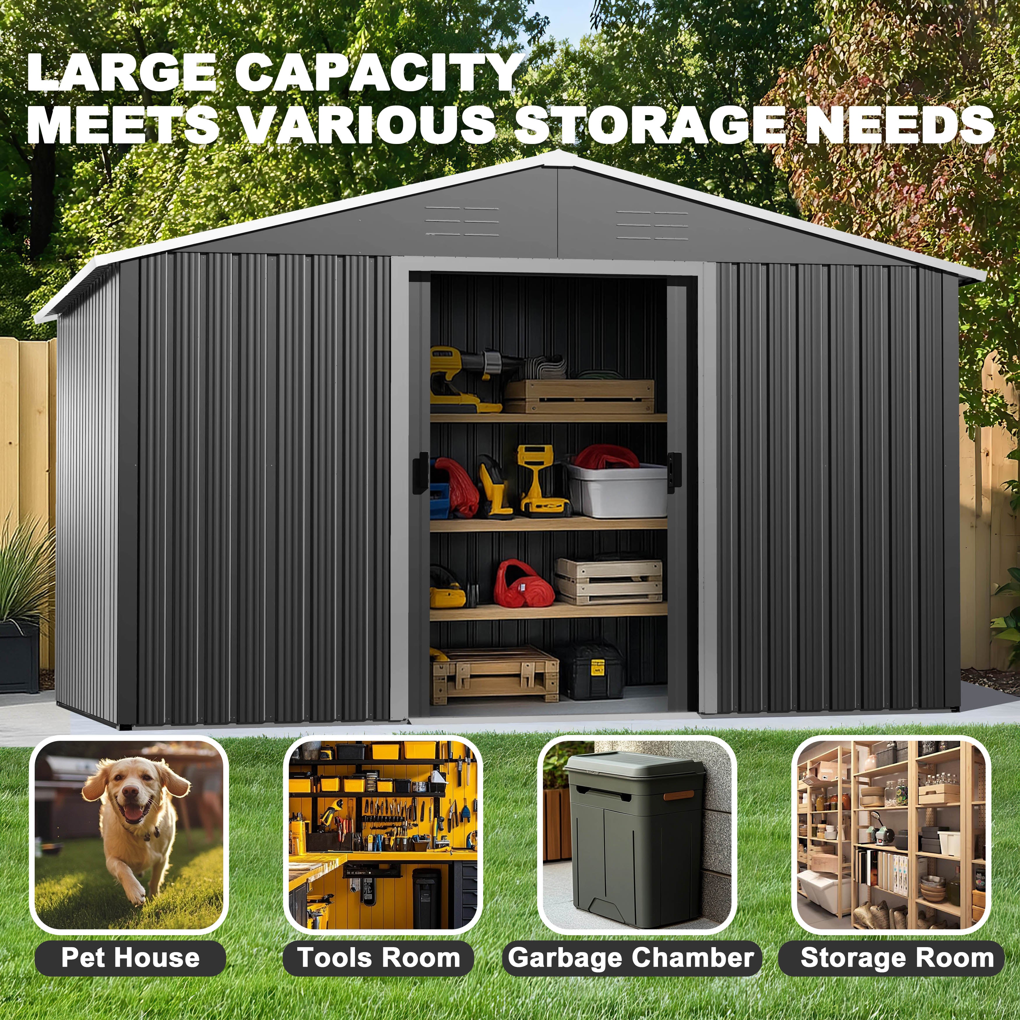 8 x 10 FT Garden Shed Storage Tool Shed with Sliding Doors, Dark