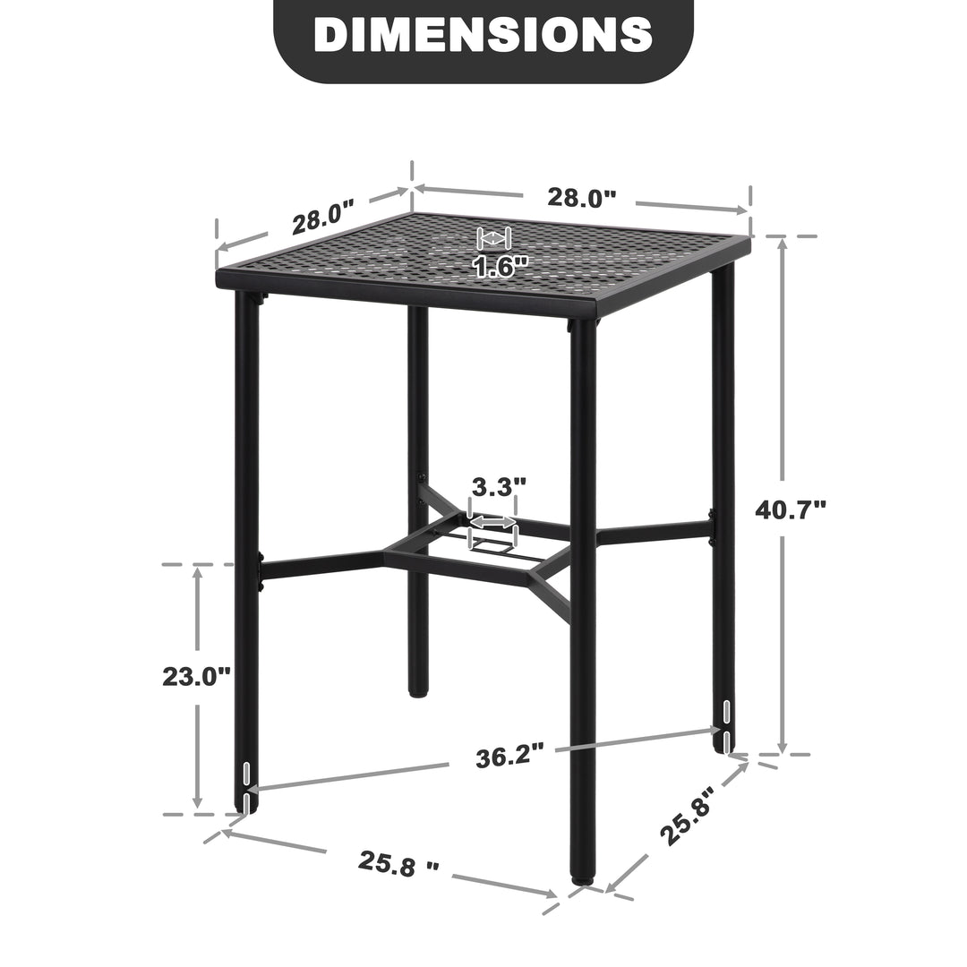Outdoor 28" Square Bar Table with Mesh Top and 1.57" Umbrella Hole