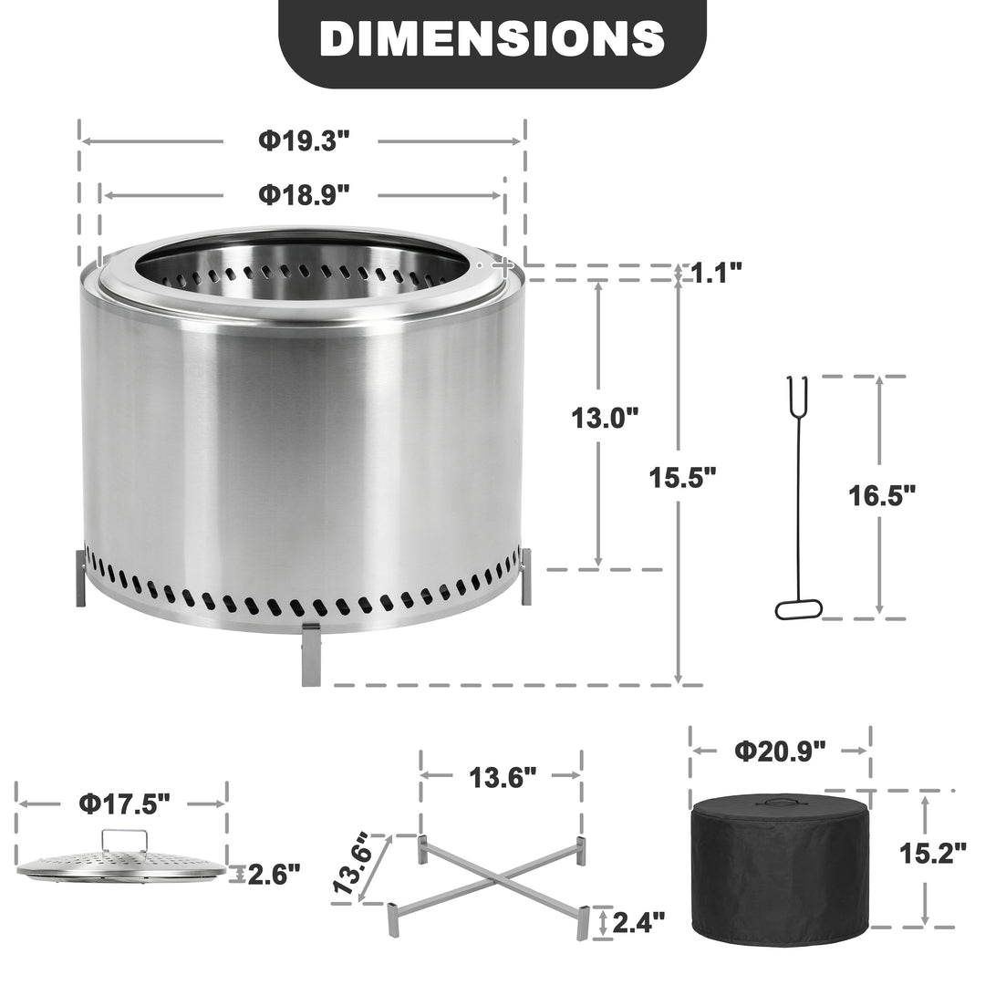 19.3" Dia x 15.5" H Round Stainless Steel Patio Fire Pit with Oxford Cover