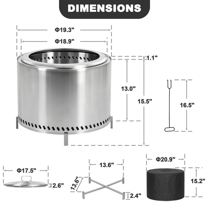 19.3" Dia x 15.5" H Round Stainless Steel Patio Fire Pit with Oxford Cover