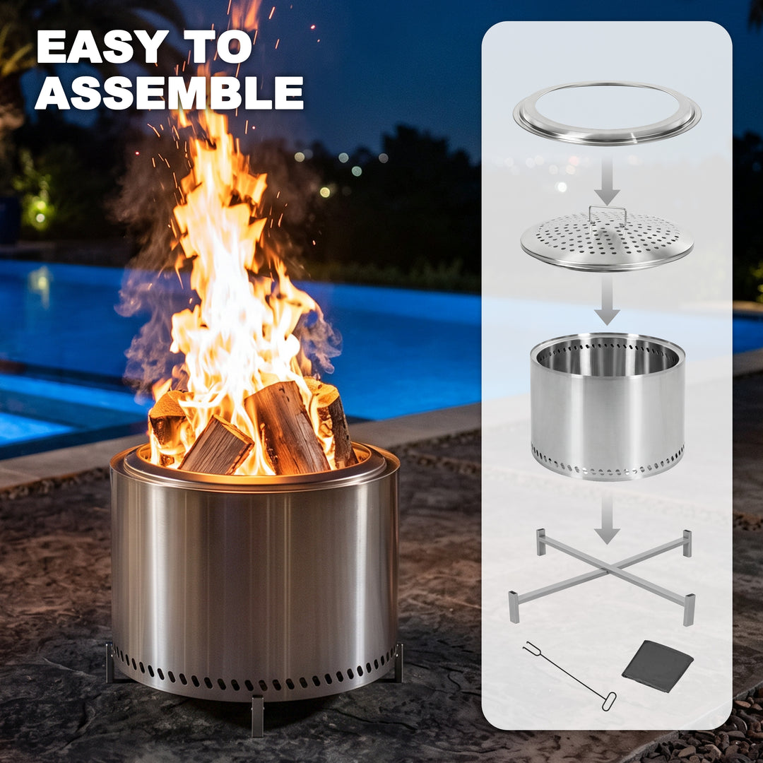 19.3" Dia x 15.5" H Round Stainless Steel Patio Fire Pit with Oxford Cover