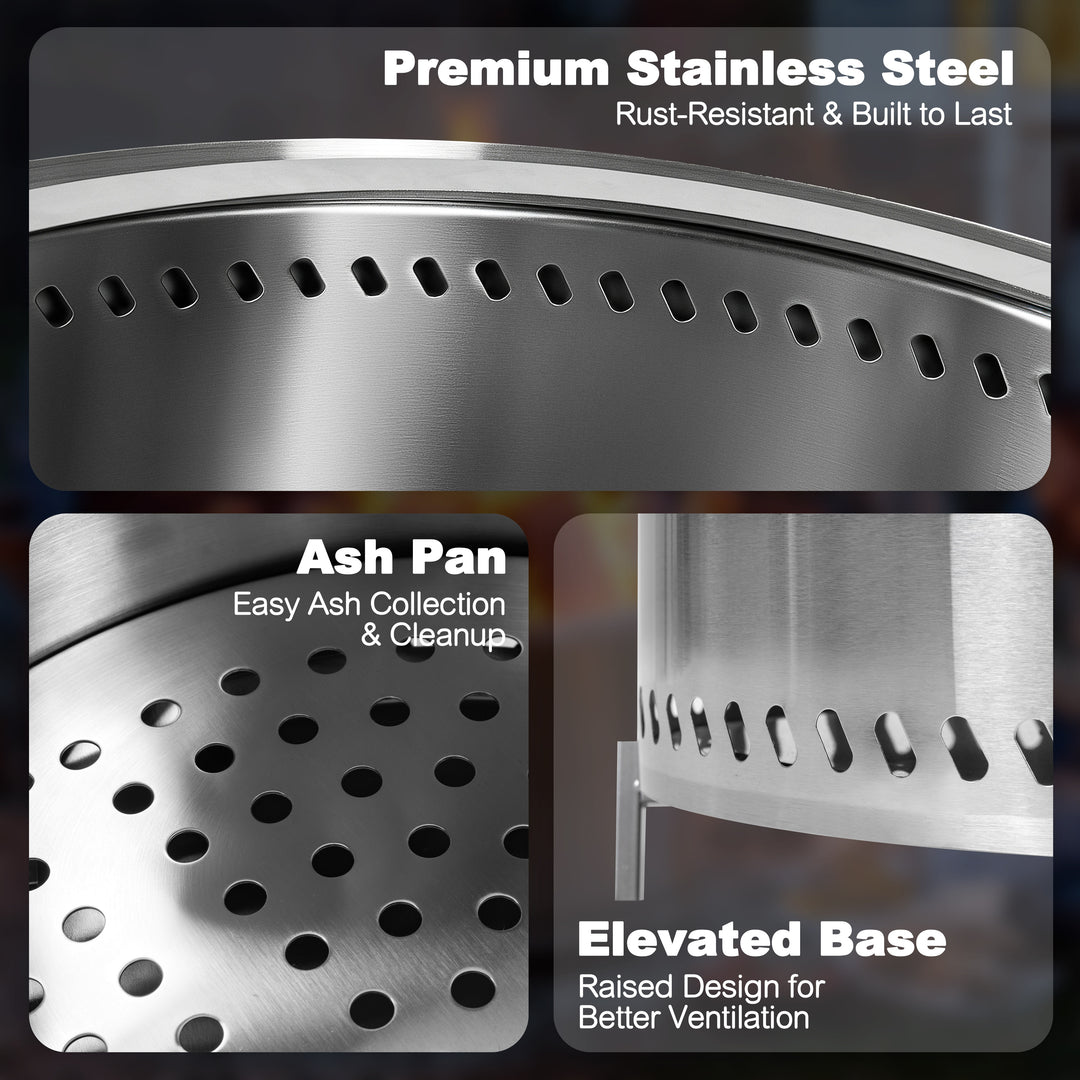 19.3" Dia x 15.5" H Round Stainless Steel Patio Fire Pit with Oxford Cover