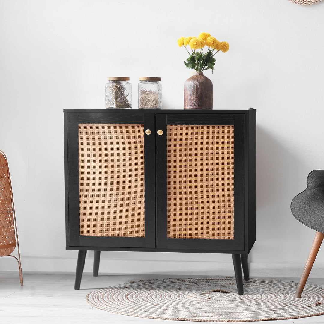 Accent Storage Cabinet with Rattan Doors, Sideboard Buffet Cabinet, Wood Grain Coffee Bar Cabinet, Entryway Cabinet, Adjustable Shelves for Dining Room, Kitchen, Hallway, Living Room, Black