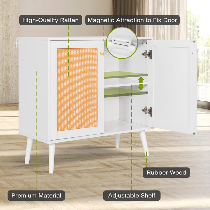 Accent Storage Cabinet with Rattan Doors, Sideboard Buffet Cabinet, Wood Grain Coffee Bar Cabinet, Entryway Cabinet, Adjustable Shelves for Dining Room, Kitchen, Hallway, Living Room, White