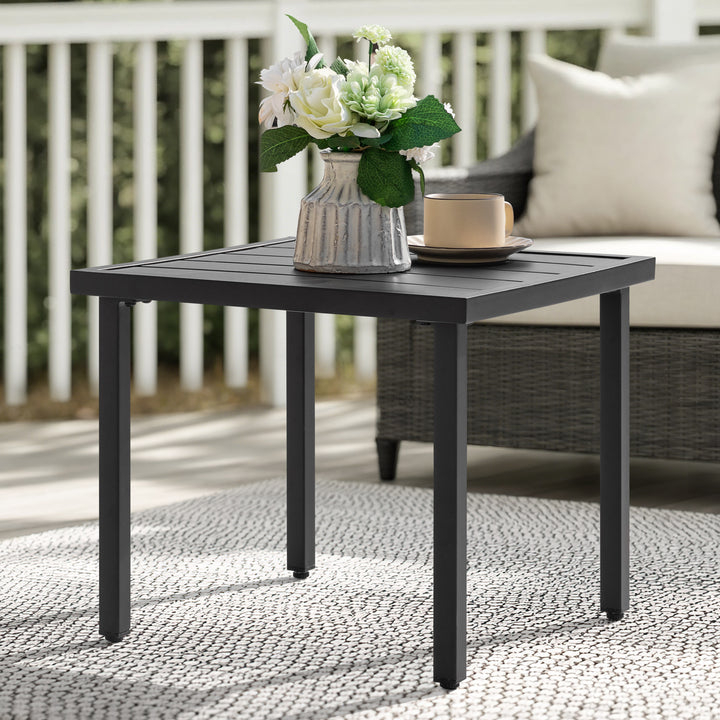 Square Metal Outdoor Side Table with Slatted Tabletop, Powder-Coated Frame