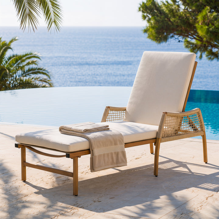 Outdoor Aluminum and Rattan Chaise Lounge Chair with 6-Position Adjustable Backrest, Brown and Beige