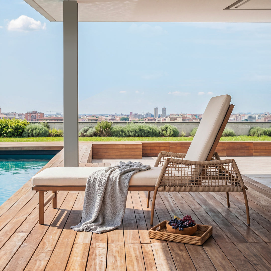 Outdoor Aluminum and Rattan Chaise Lounge Chair with 6-Position Adjustable Backrest, Brown and Beige