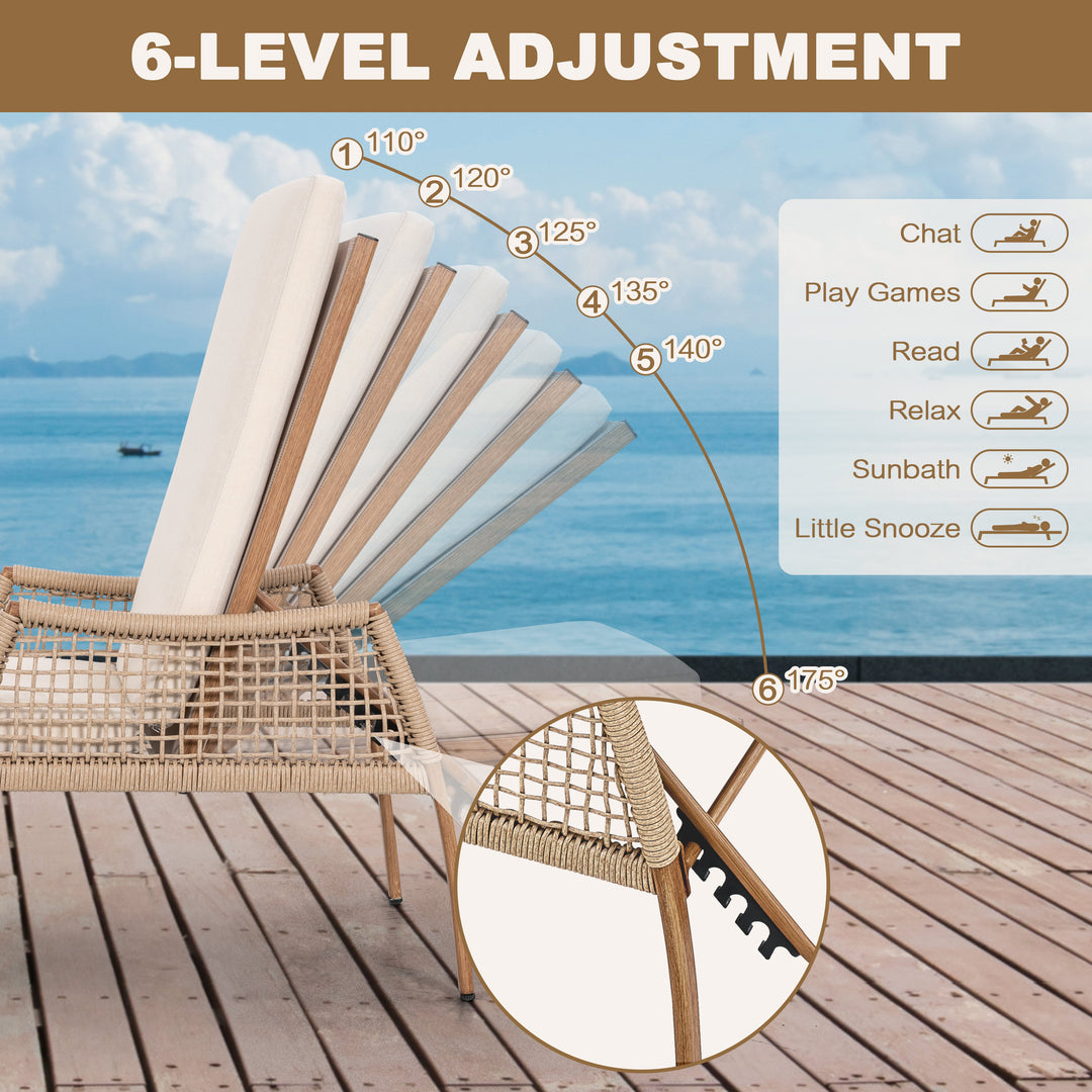 Outdoor Aluminum and Rattan Chaise Lounge Chair with 6-Position Adjustable Backrest, Brown and Beige