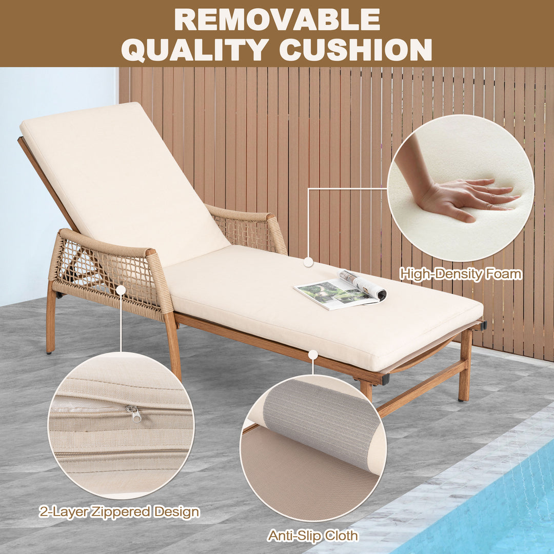 Outdoor Aluminum and Rattan Chaise Lounge Chair with 6-Position Adjustable Backrest, Brown and Beige