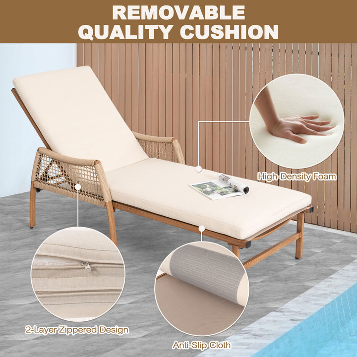 Outdoor Aluminum and Rattan Chaise Lounge Chair with 6-Position Adjustable Backrest, Brown and Beige