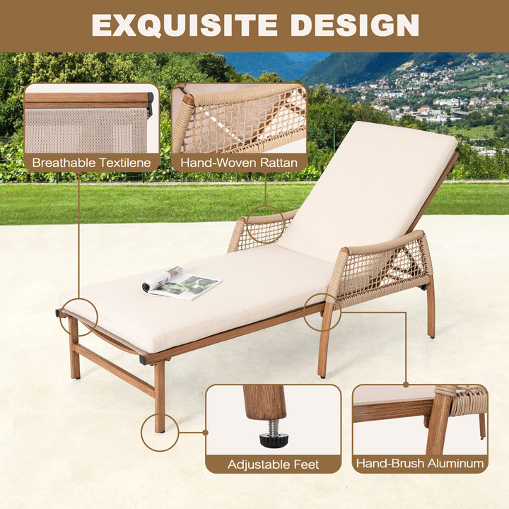 Outdoor Aluminum and Rattan Chaise Lounge Chair with 6-Position Adjustable Backrest, Brown and Beige