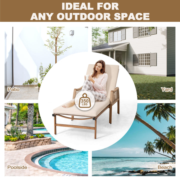 Outdoor Aluminum and Rattan Chaise Lounge Chair with 6-Position Adjustable Backrest, Brown and Beige