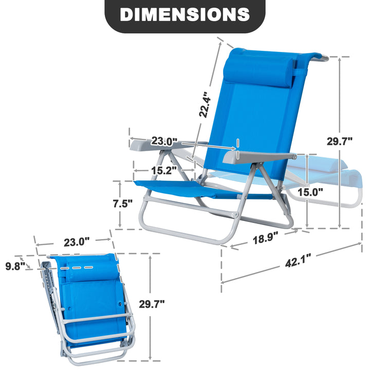 2-Piece Textilene Portable Beach Chair with 8-Position Lay Flat Reclining