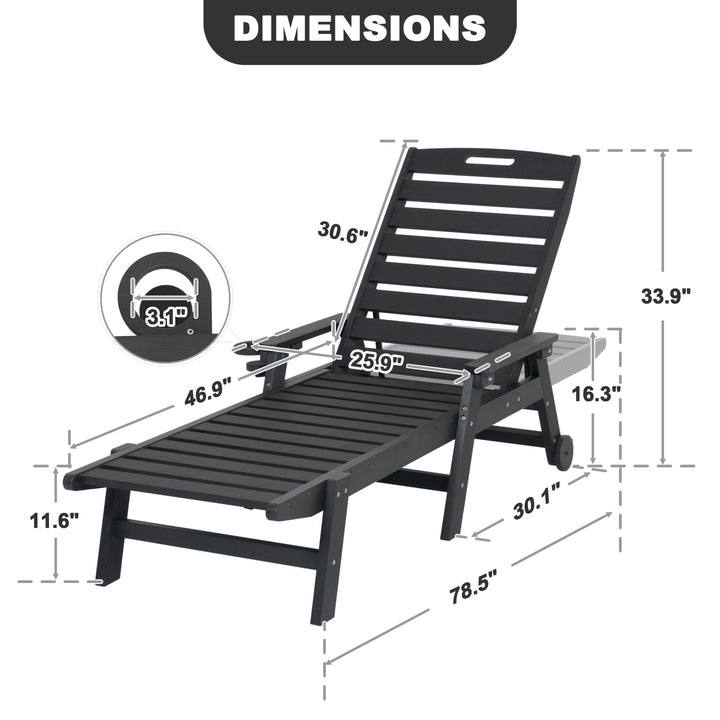 Outdoor Faux Wood Chaise Lounge with Cup Holder, Wheels, 5-Level Adjustment