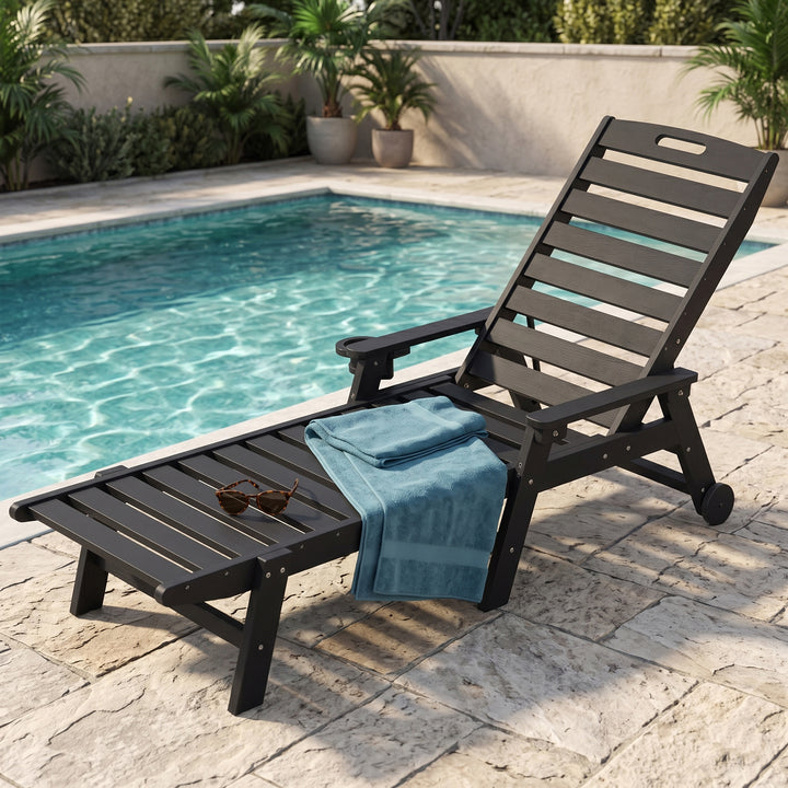 Outdoor Faux Wood Chaise Lounge with Cup Holder, Wheels, 5-Level Adjustment