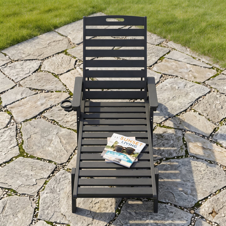 Outdoor Faux Wood Chaise Lounge with Cup Holder, Wheels, 5-Level Adjustment