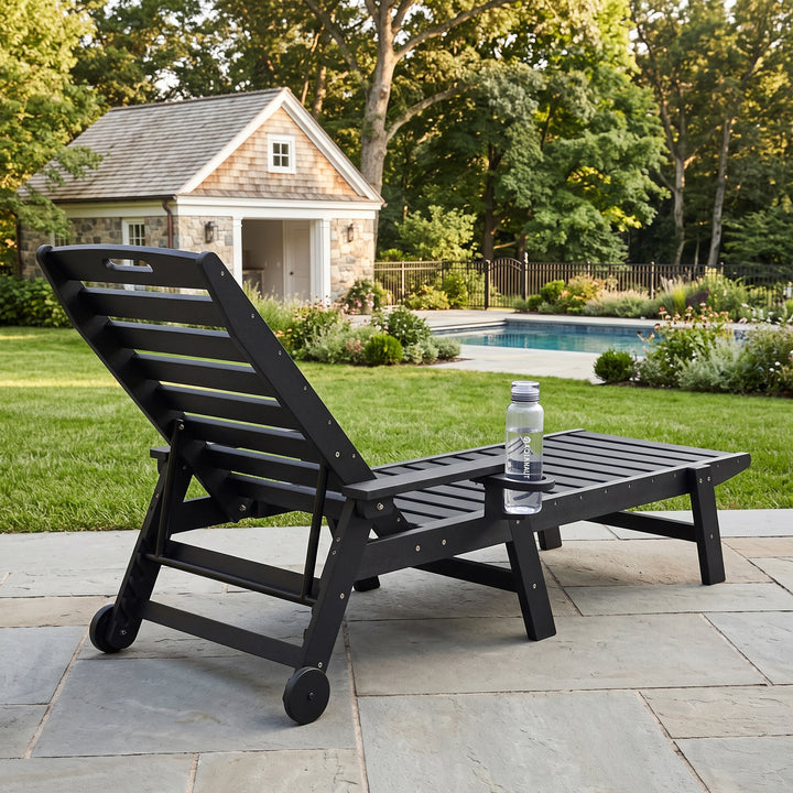 Outdoor Faux Wood Chaise Lounge with Cup Holder, Wheels, 5-Level Adjustment