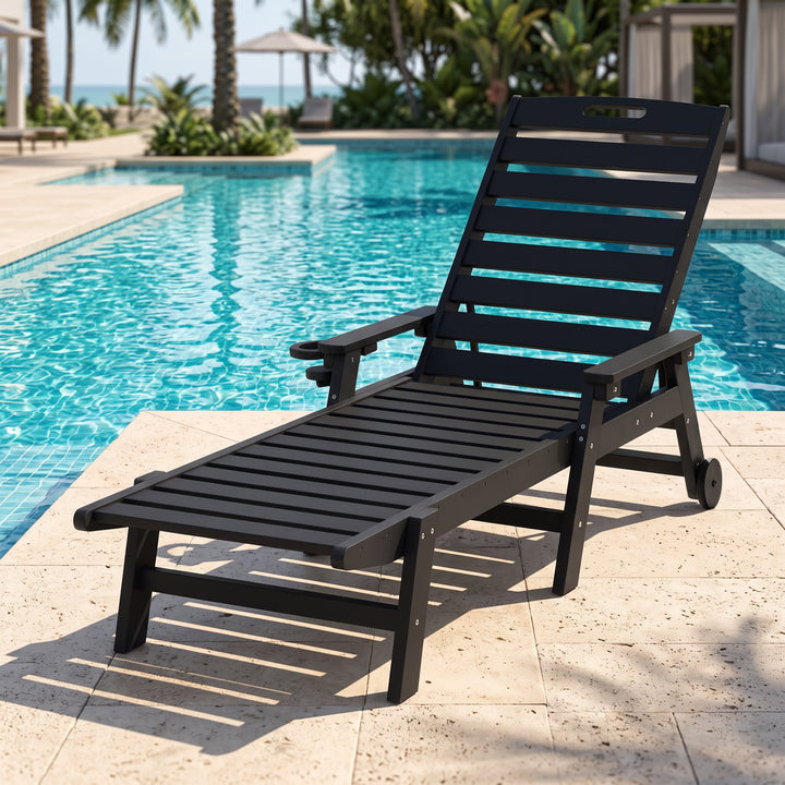 Outdoor Faux Wood Chaise Lounge with Cup Holder, Wheels, 5-Level Adjustment