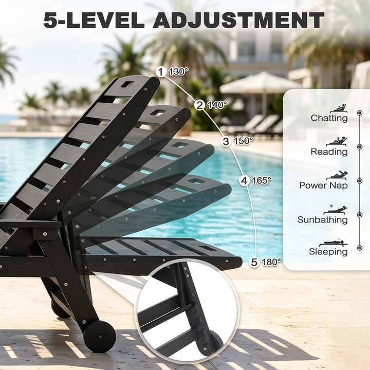 Outdoor Faux Wood Chaise Lounge with Cup Holder, Wheels, 5-Level Adjustment