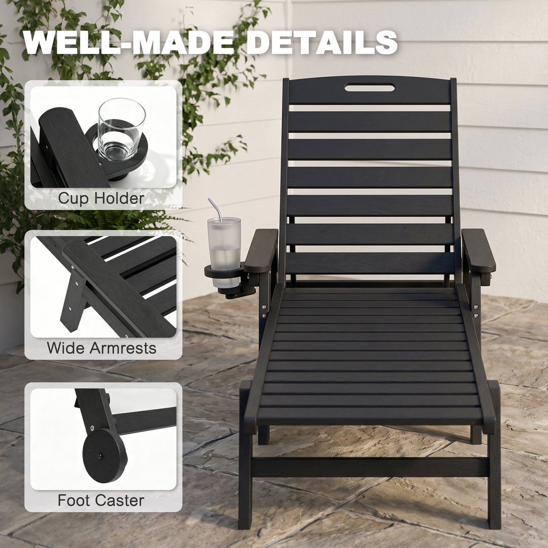 Outdoor Faux Wood Chaise Lounge with Cup Holder, Wheels, 5-Level Adjustment