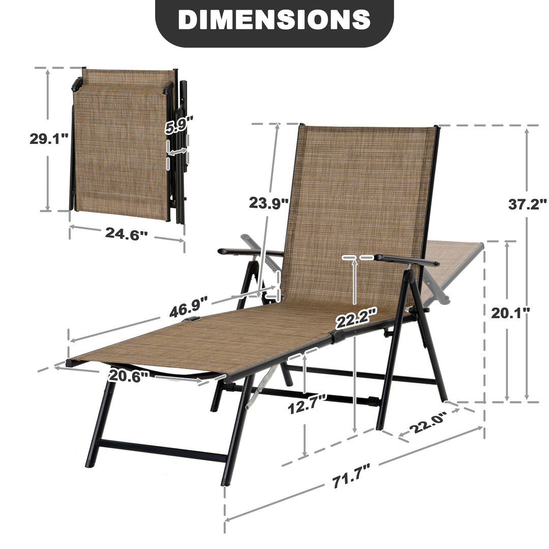 Outdoor Folding Chaise Lounge with Adjustable Backrest, Assemble-Free