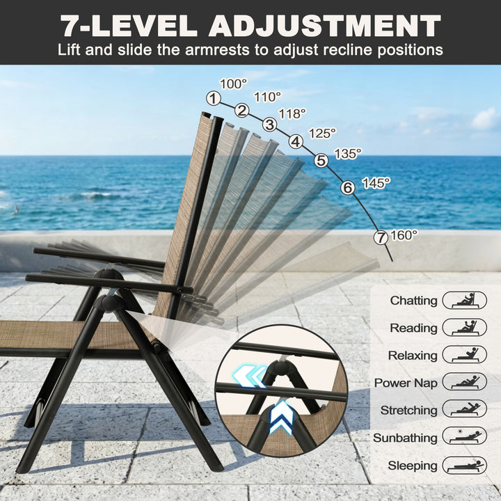 Outdoor Folding Chaise Lounge with Adjustable Backrest, Assemble-Free