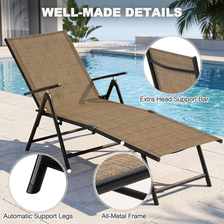 Outdoor Folding Chaise Lounge with Adjustable Backrest, Assemble-Free