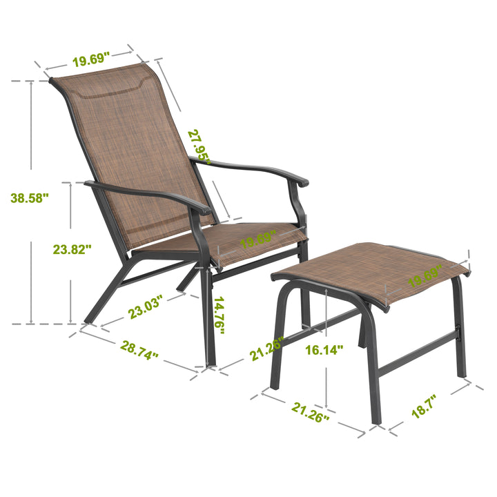 2-Piece Patio All-Weather Textilene Lounge Chair with Ottoman, Brown