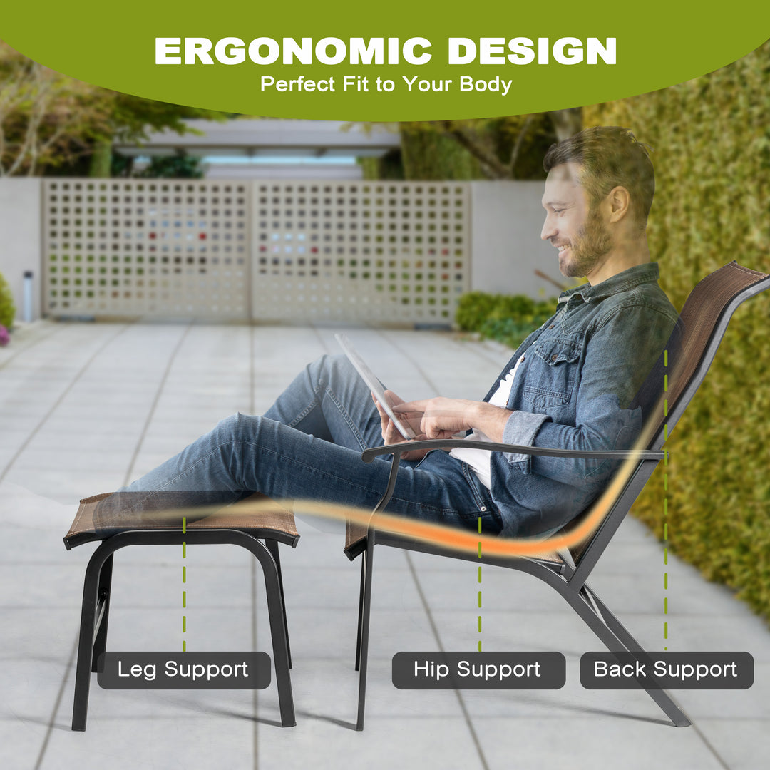 2-Piece Patio All-Weather Textilene Lounge Chair with Ottoman, Brown