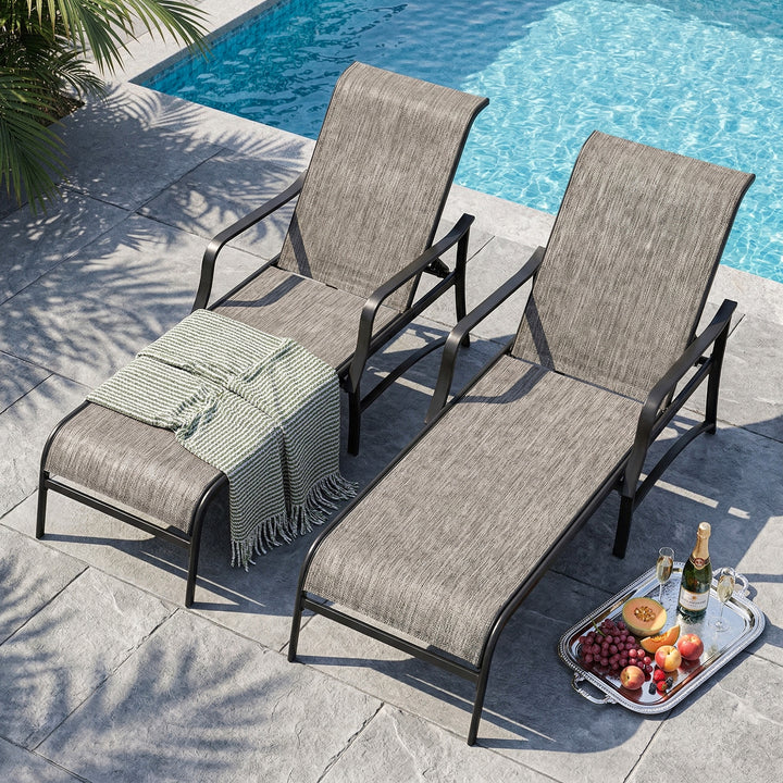 Outdoor Textilene Metal Lounge Chairs Set of 2, 5-Level Adjustable Backrest