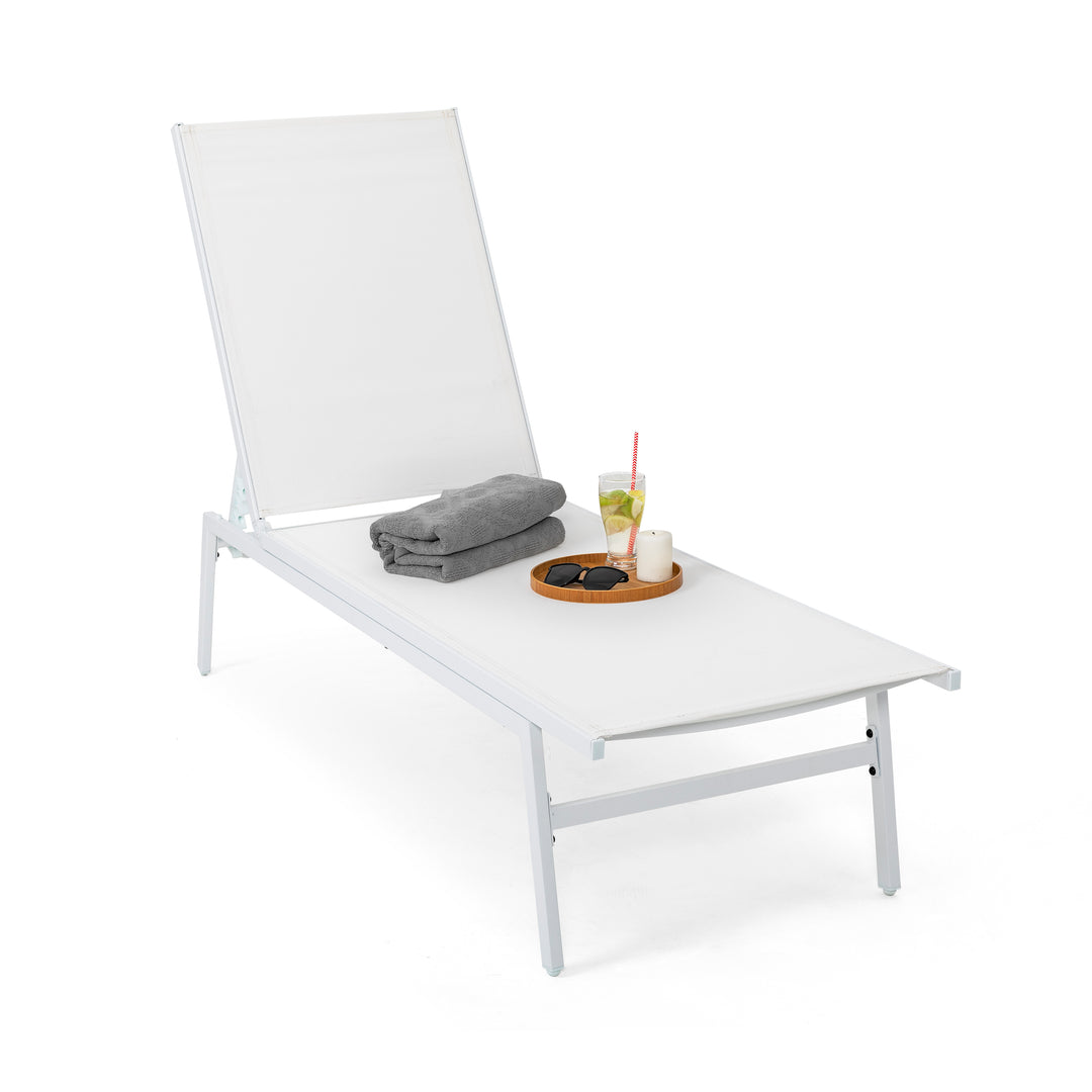 Outdoor Patio Chaise Lounge Chair All-Flat 5 Positions Chaise Lounge Chairs,Portable Folding Recliner, White