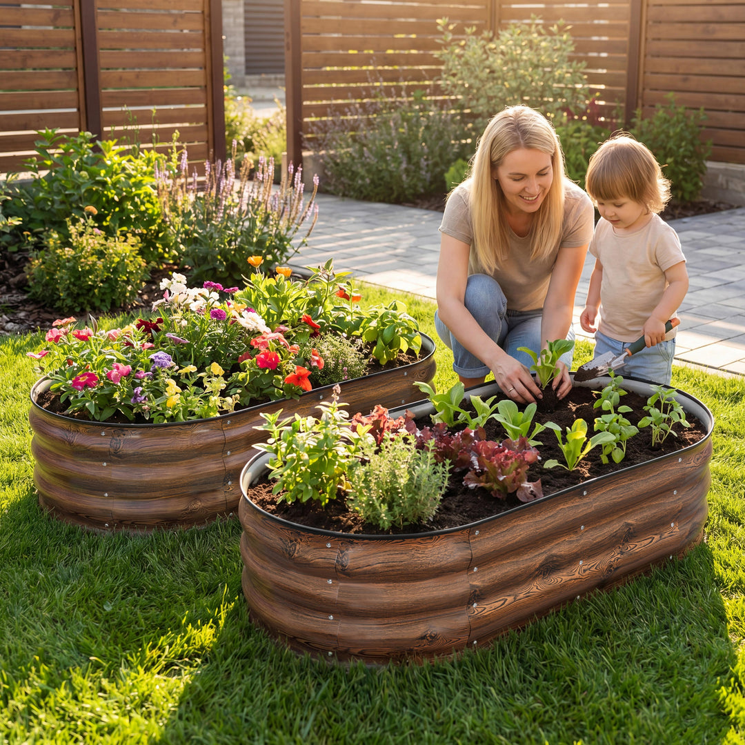 2-Piece Galvanized 4x2x1ft Planter Garden Box, Oval Raised Garden Bed