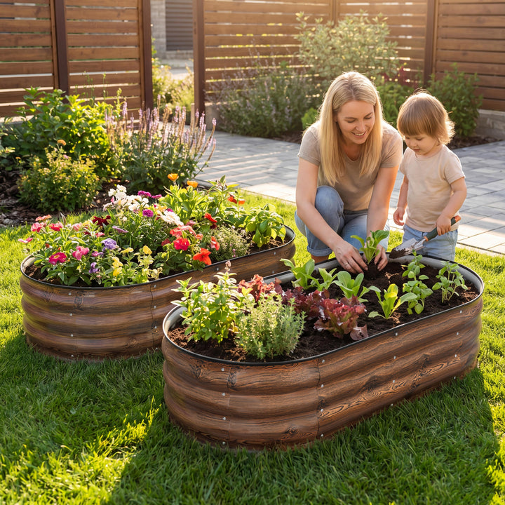 2-Piece Galvanized 4x2x1ft Planter Garden Box, Oval Raised Garden Bed