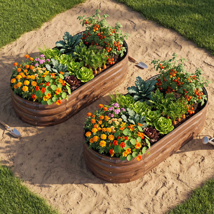 2-Piece Galvanized 4x2x1ft Planter Garden Box, Oval Raised Garden Bed