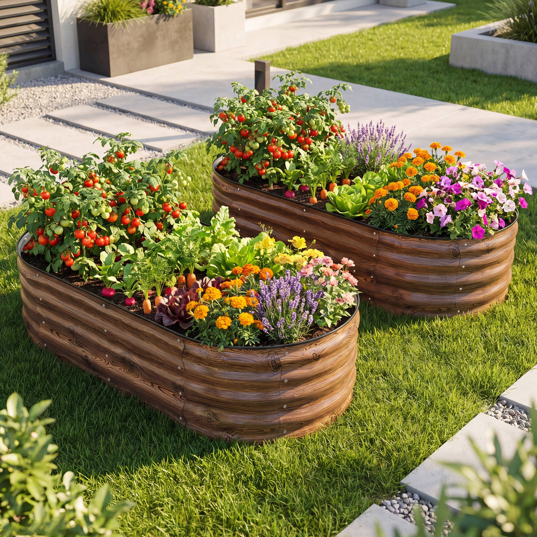 2-Piece Galvanized 4x2x1ft Planter Garden Box, Oval Raised Garden Bed