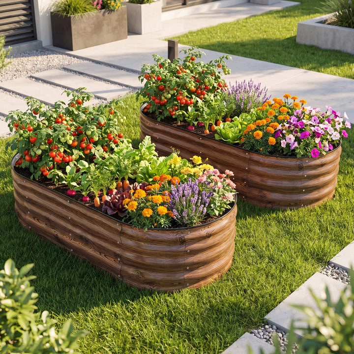 2-Piece Galvanized 4x2x1ft Planter Garden Box, Oval Raised Garden Bed
